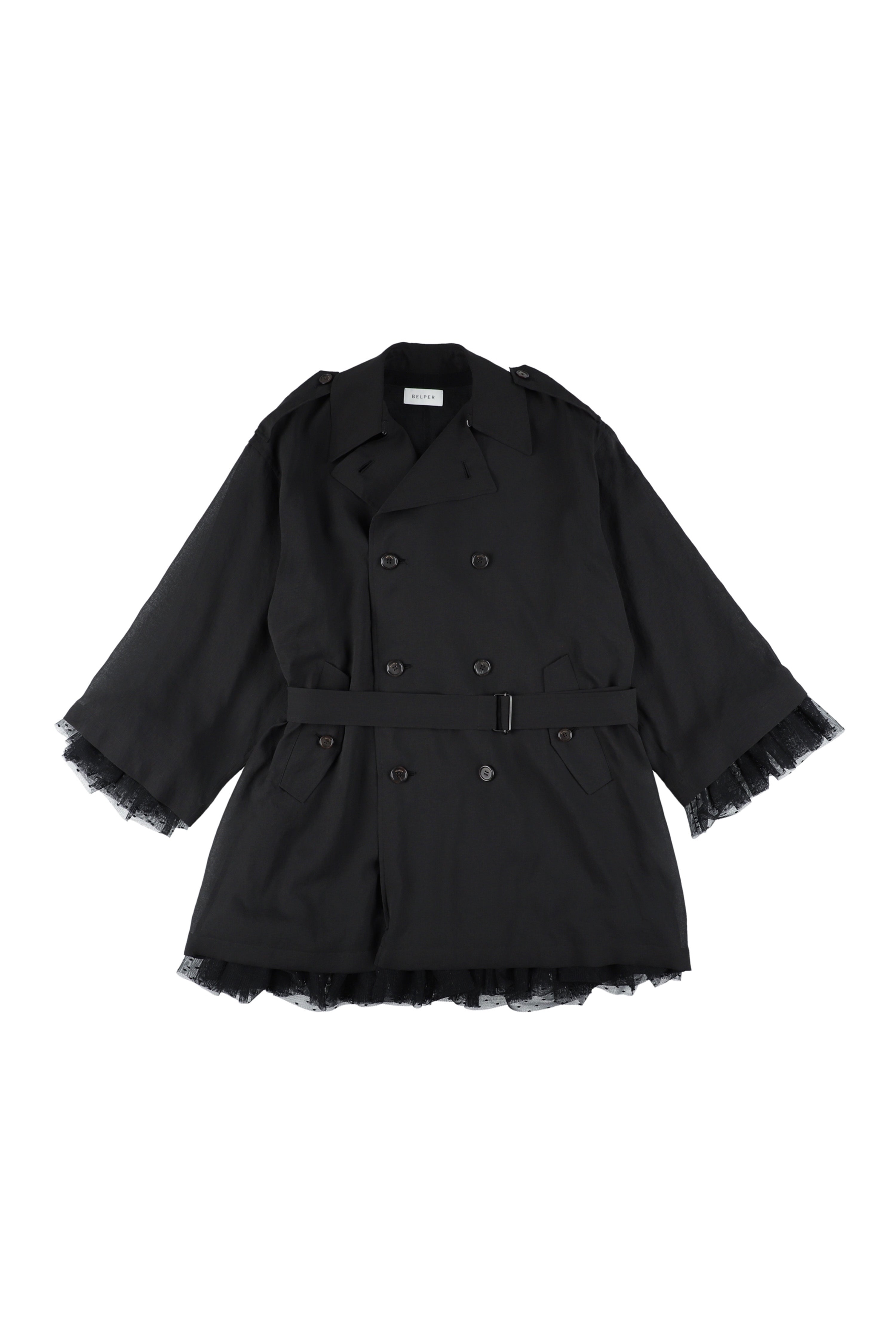 BELPER(ベルパー)のTULE LAYER TRENCH COAT BLACK(コート)の通販 BELPER(ベルパー)のTULE LAYER TRENCH COAT BLACK(コート)の通販