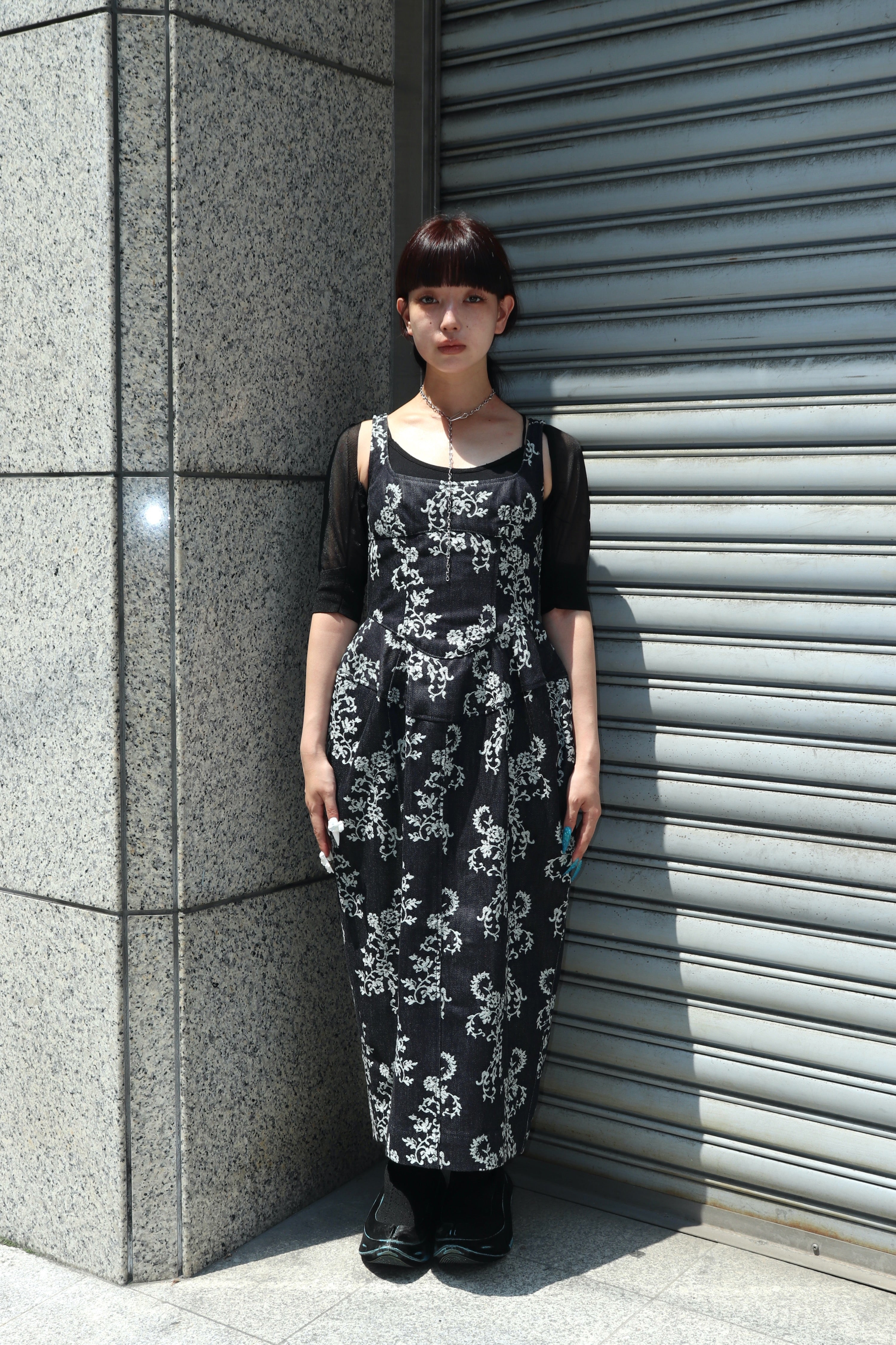 【Ono】 fetico Lace jacquard dress FETICO(フェティコ)のLACE-JACQUARD DENIM CURVY DRESS(ドレス)の通販