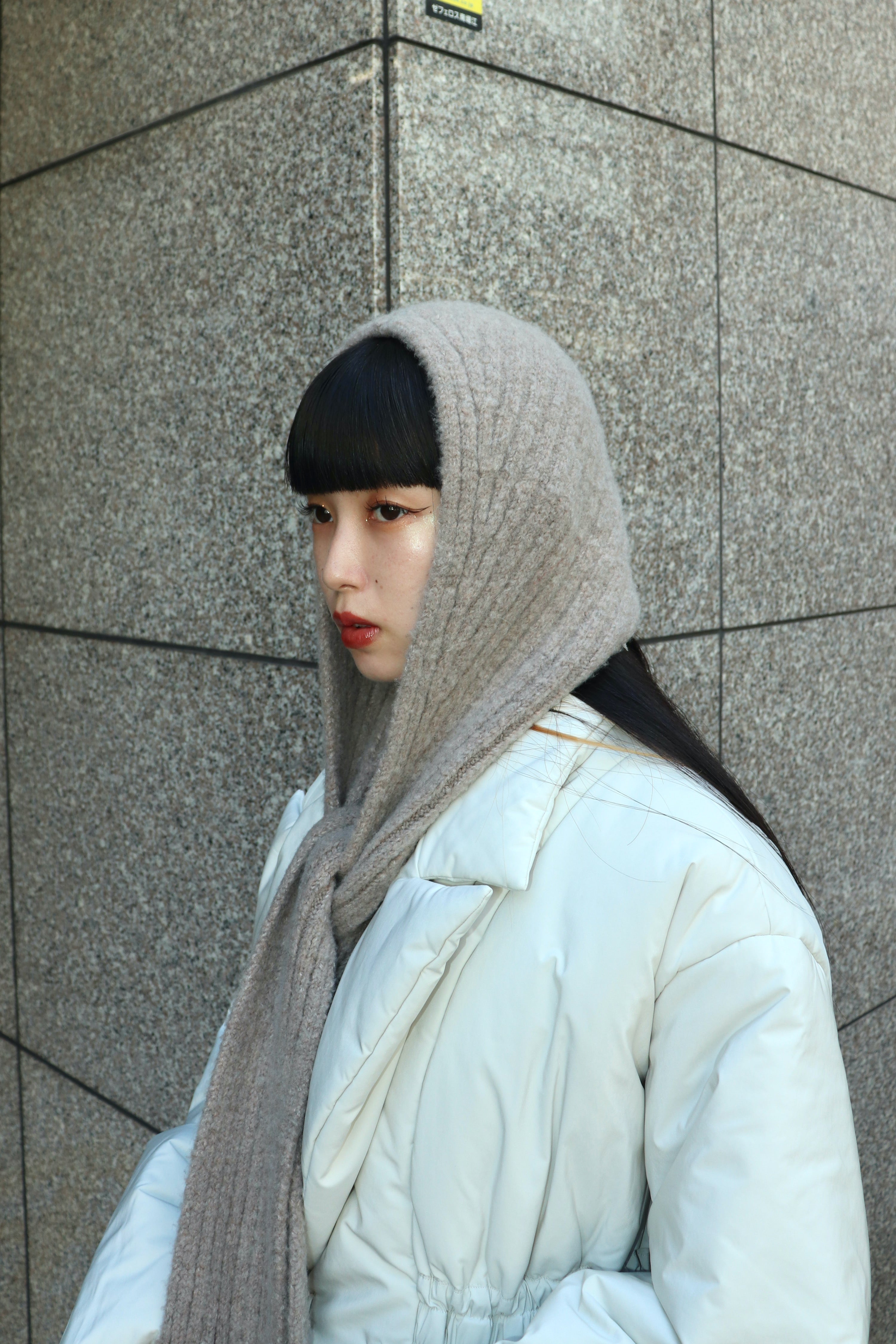 FETICO(フェティコ)のWOOL CASHMERE KNIT HOODED SCARF GRAY BEIGEの ...