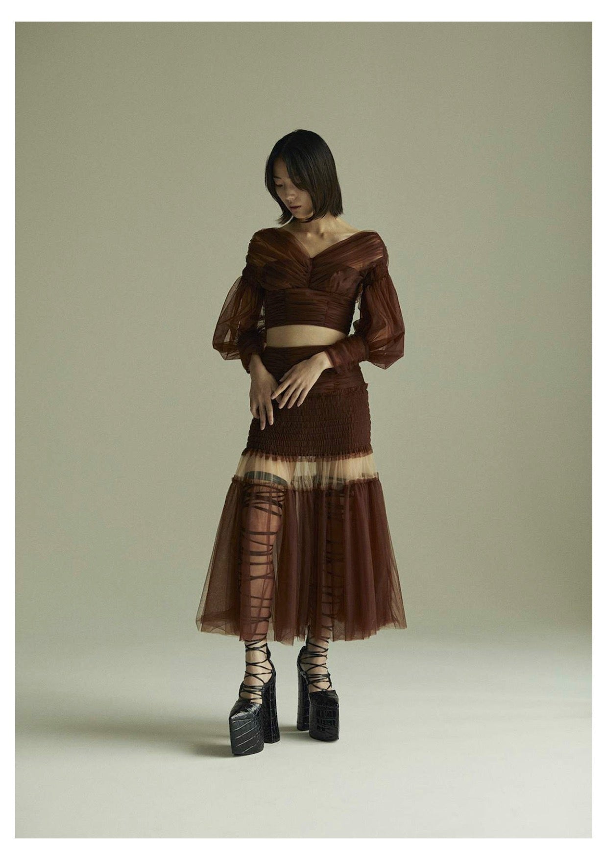 FETICO(フェティコ)のMUTTON SLEEVE TULLE BLOUSE BROWNの通販