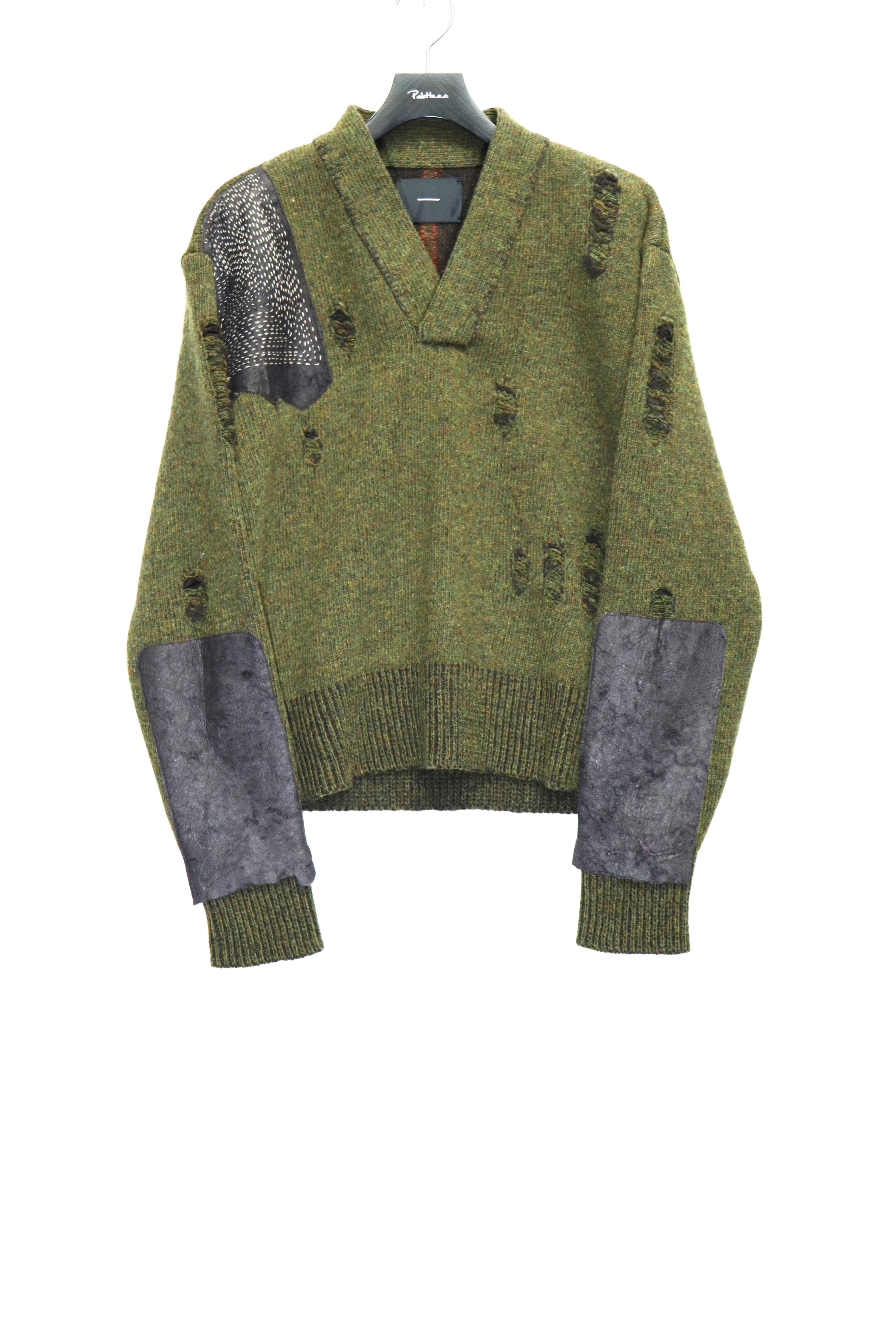 ー］Minus(マイナス)のDAMAGED SHOOTING KNIT OLIVE(ニット)の通販