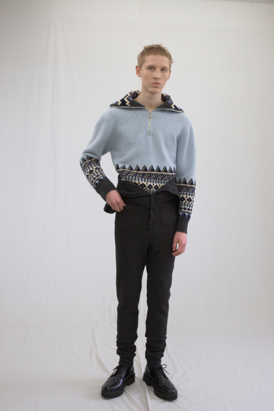 fluss  fairisle half zip crochet collar knit