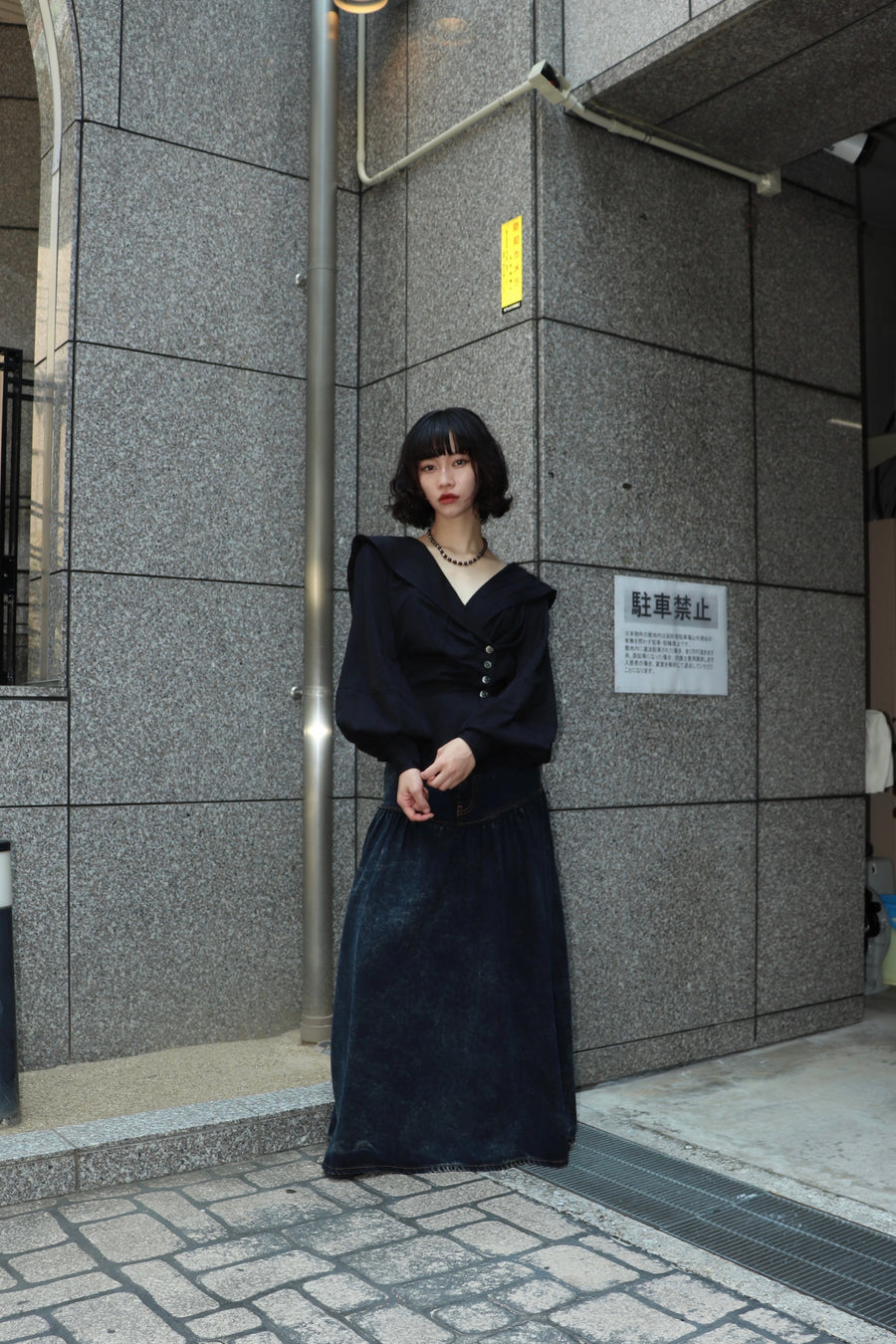 FETICO  ROSE jaquard stripe sailor collar blouse(BLACK)