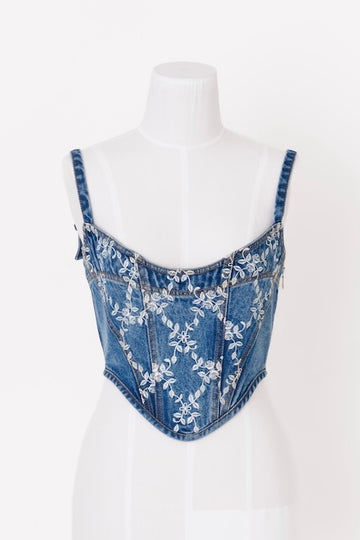 FETICO  FLOWER EMBROIDERED DENIM BUSTIER