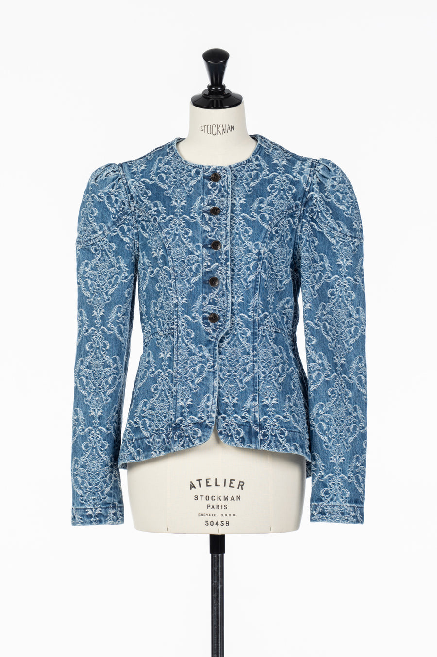 m*a様 DAMASK-JACQUARD DENIM PEPLUM JACKET FETICO(フェティコ)のDAMASK-JACQUARD DENIM PEPLUM JACKETの通販