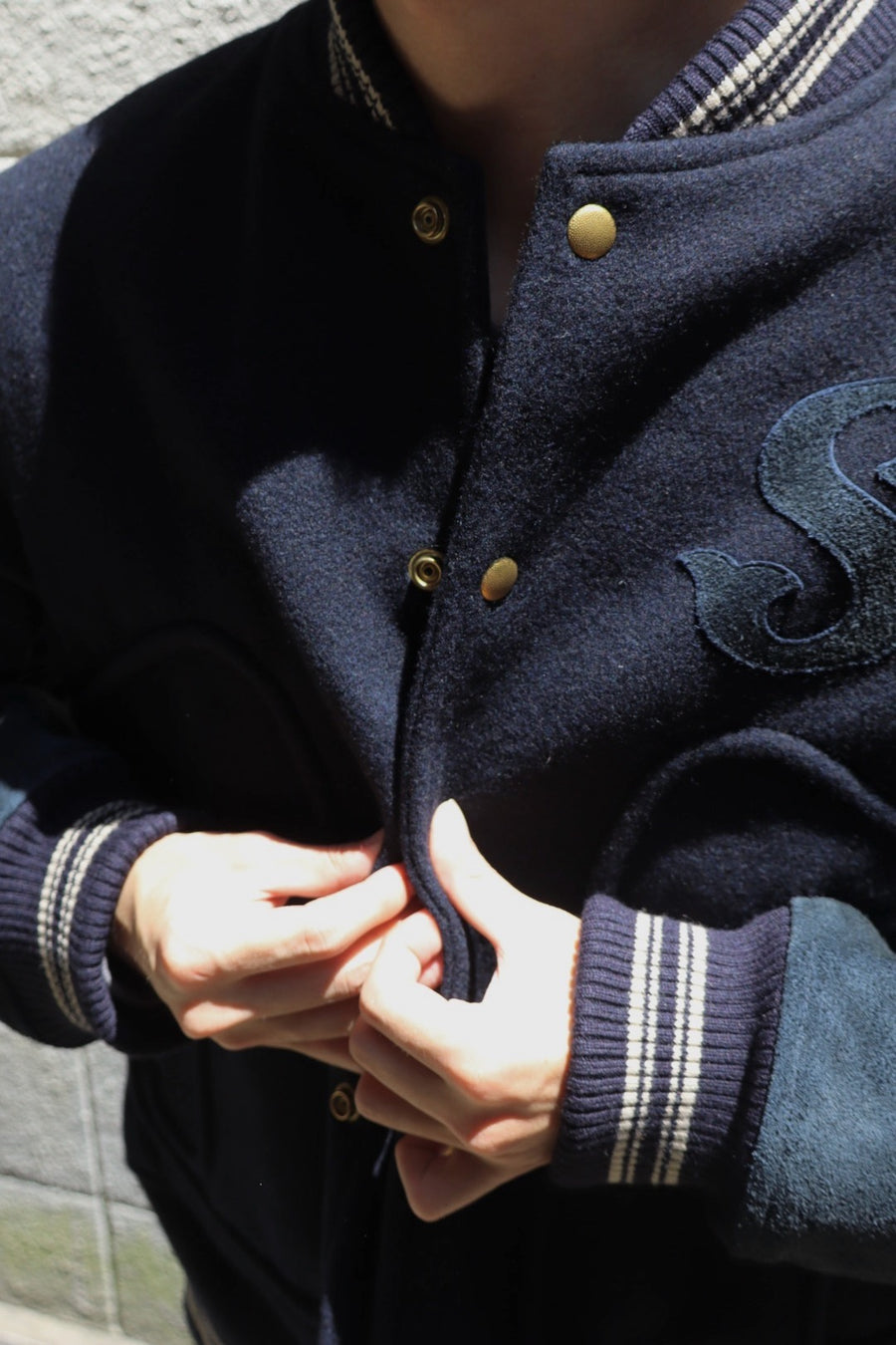 SUGARHILL  LEATHER STUDIUM JACKET(NAVY)