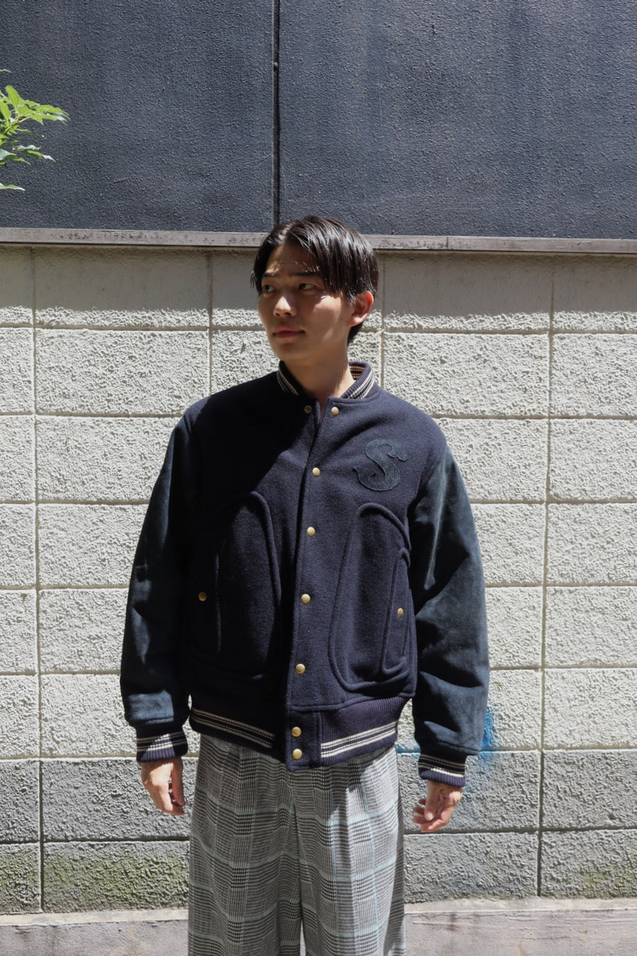 SUGARHILL  LEATHER STUDIUM JACKET(NAVY)