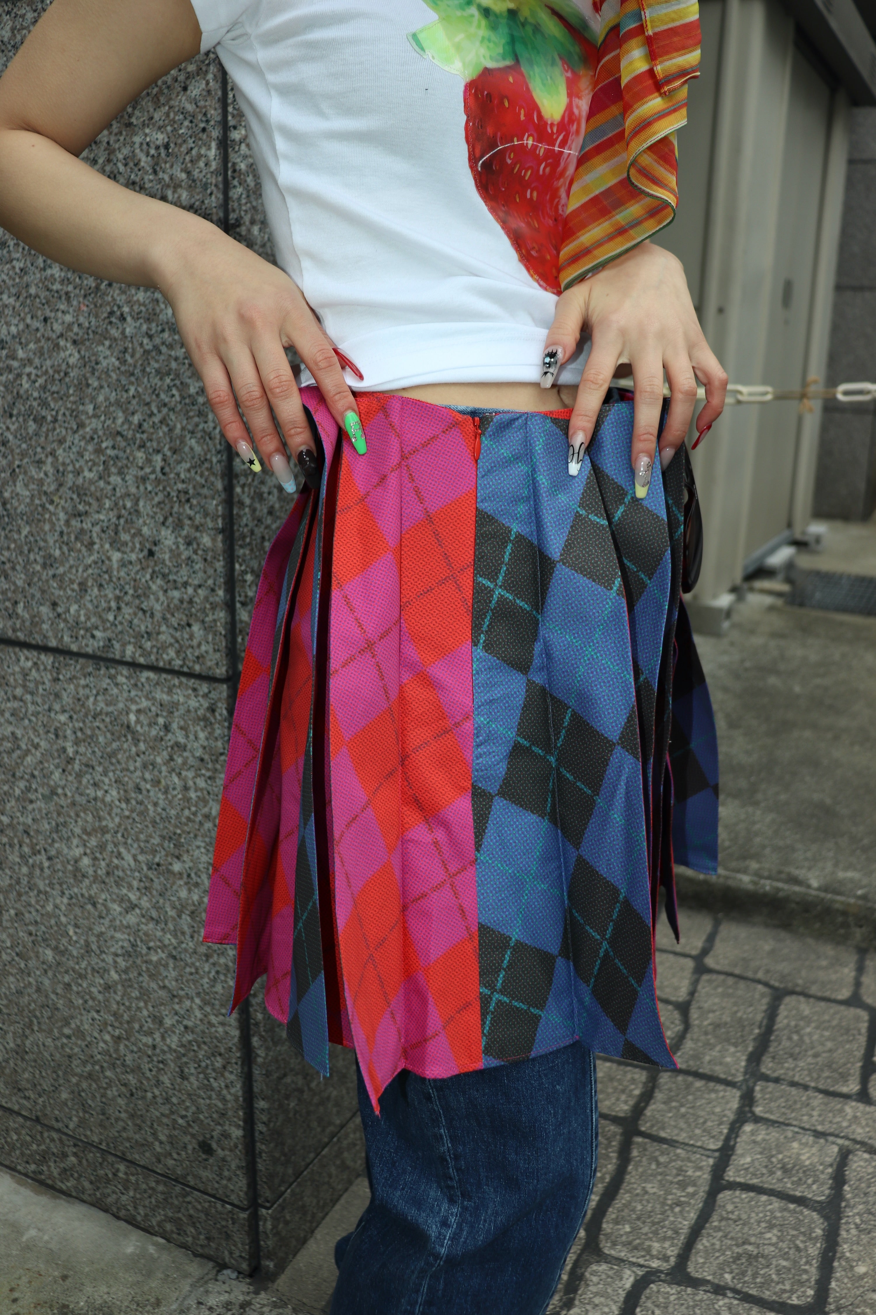 L03374)LEEANN HUANG プリーツ　ミニスカート　アーガイル　XS LEEANN HUANG(リーアン ホアン)のARGLYE FLIP PLEAT MINI SKIRT PINK