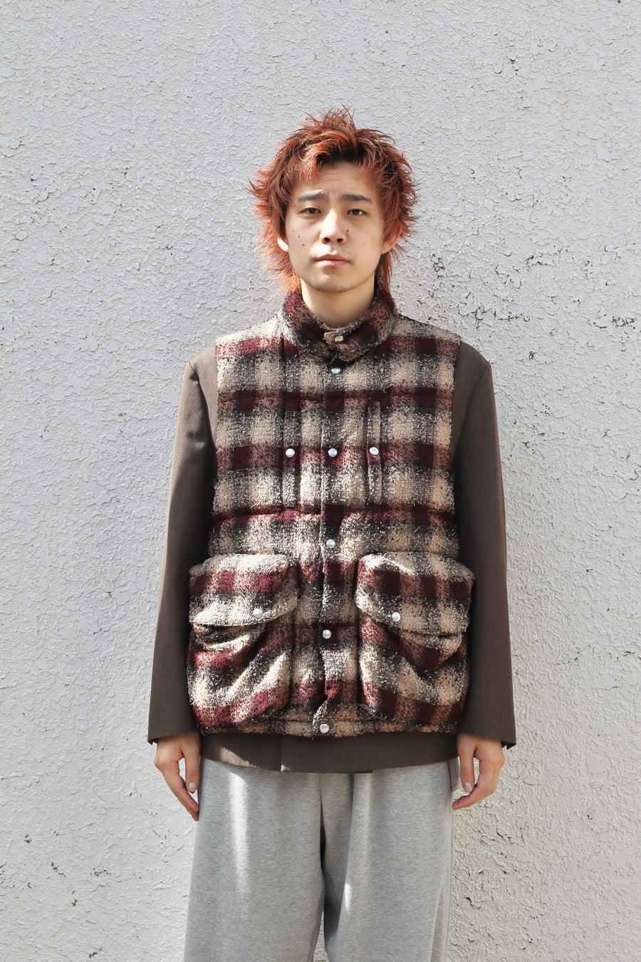 SUGARHILL  PLAID PUFFER REVERSIVLE VEST(WINE RED × BLACK)