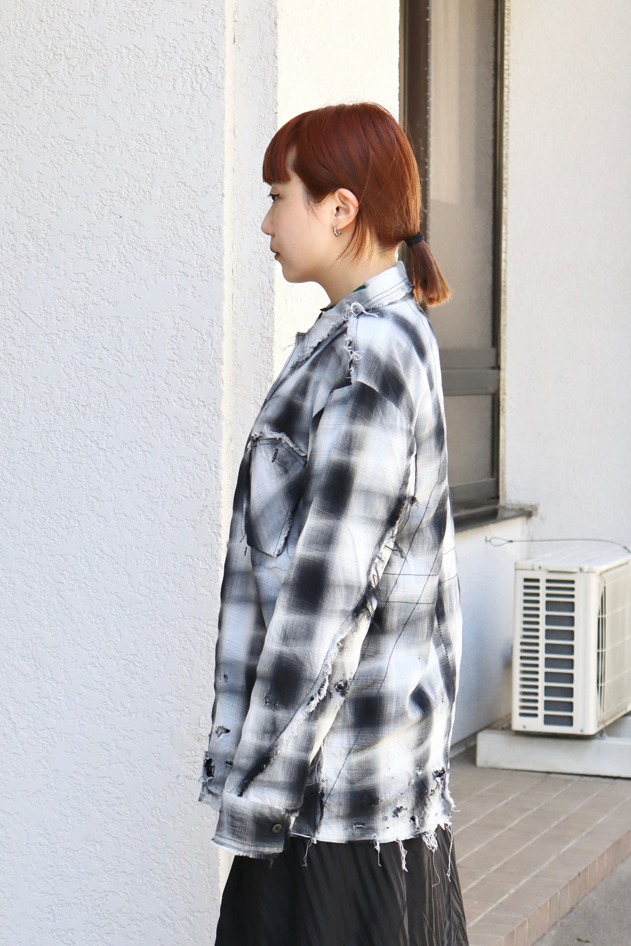 ［ー］MINUS  Slash Seam Ombre Check Shirt DRUNK(BLACK)