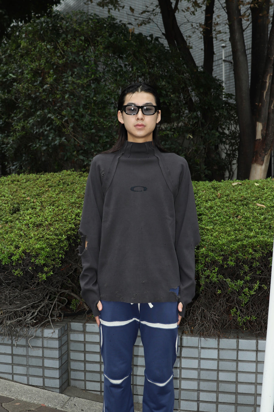 MINUS  High-Neck Cotton Logo Knit With Damaged HIGH GAUGE RIB KNIT(CHARCOAL)