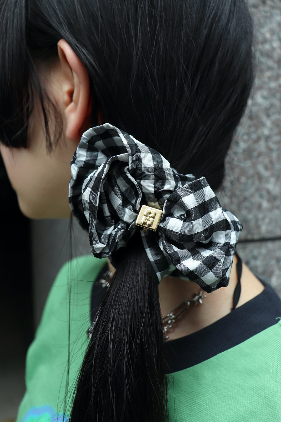 GANNI  Crinkled Taffeta Check Scrunchie