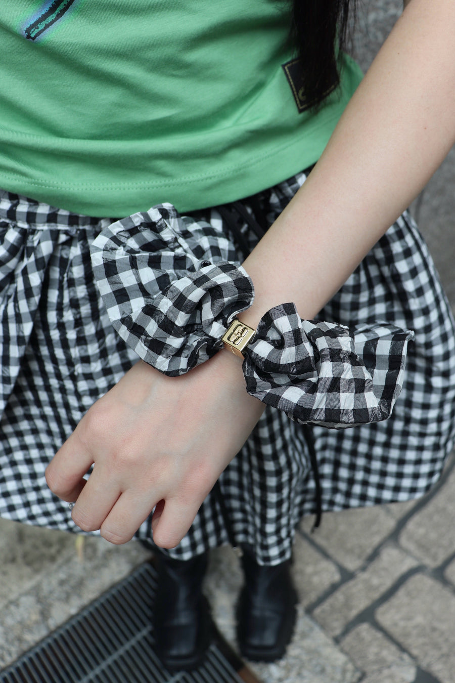 GANNI  Crinkled Taffeta Check Scrunchie