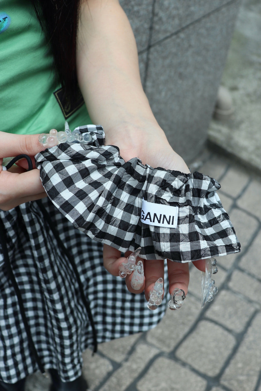 GANNI  Crinkled Taffeta Check Scrunchie