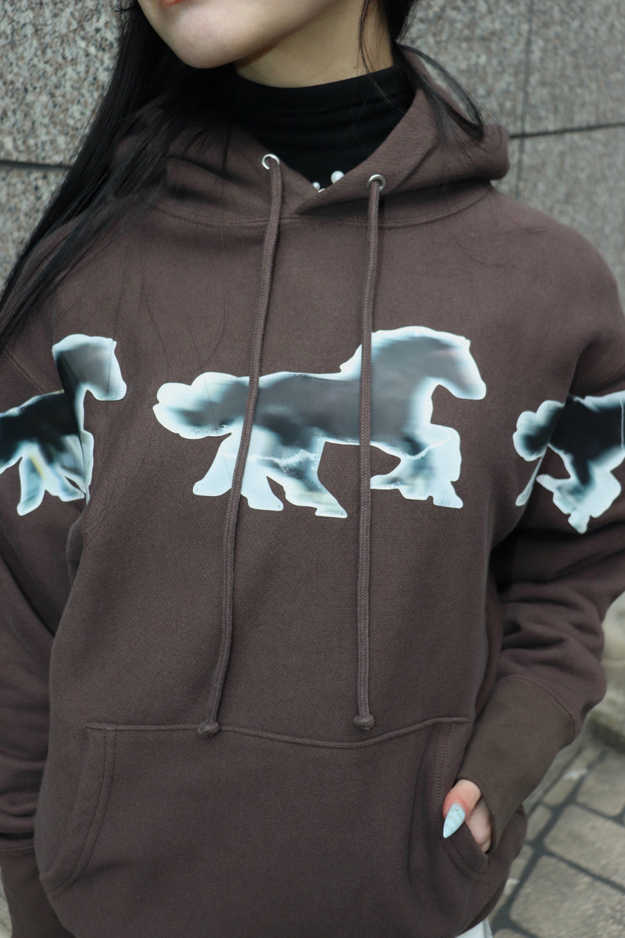 LEEANN HUANG(リーアン ホアン)のRUNNING HORSES PATCH HOODIE BROWN