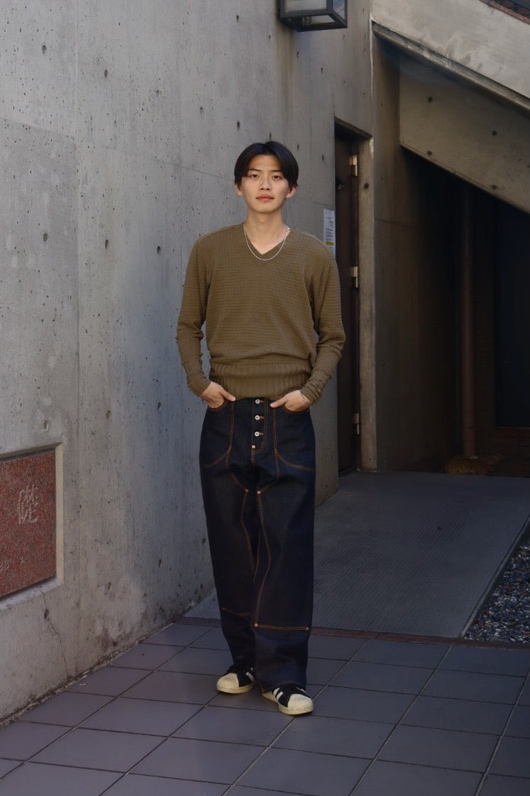 RIKU UMEHARA  WAFFLE V NECK KNIT PULLOVER(KHAKI)