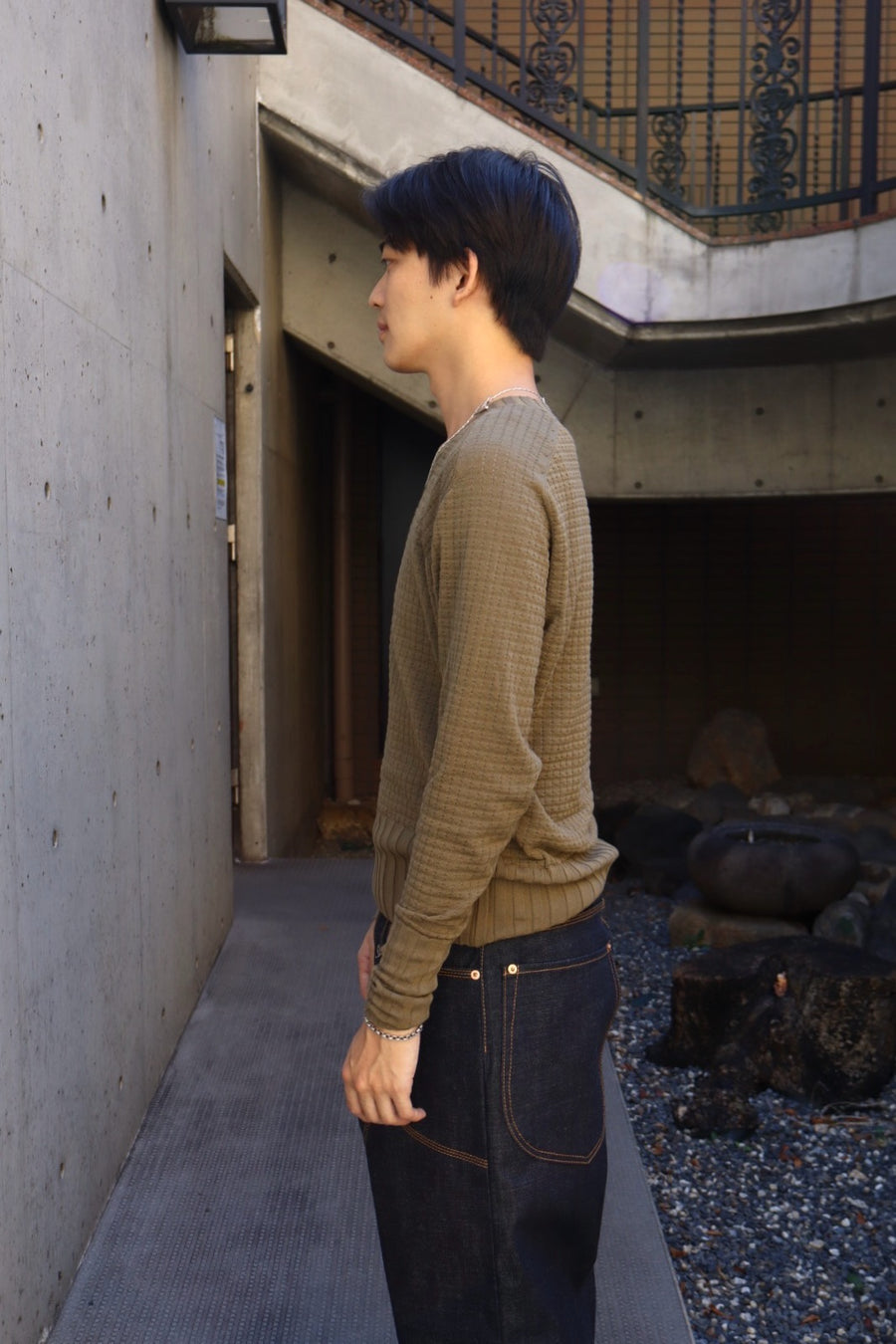 RIKU UMEHARA  WAFFLE V NECK KNIT PULLOVER(KHAKI)