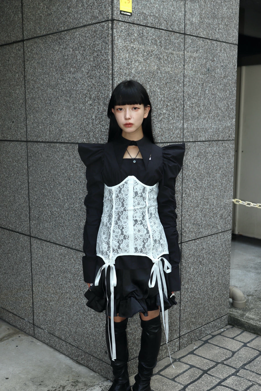 SHIORI MIKATA  square cut puff-sleeve shirts(BLACK)