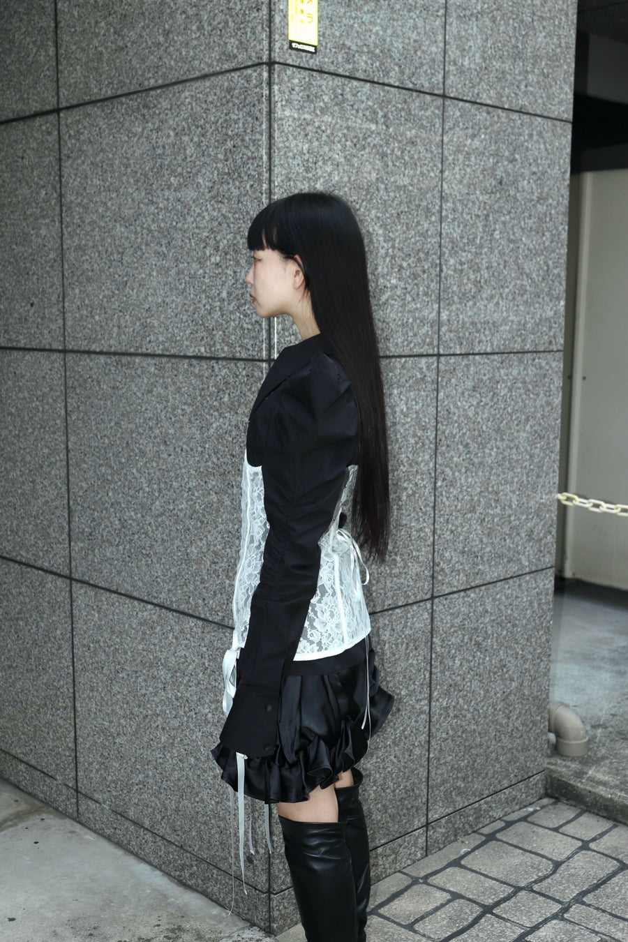 SHIORI MIKATA  square cut puff-sleeve shirts(BLACK)