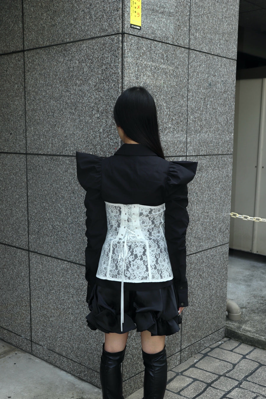 SHIORI MIKATA  square cut puff-sleeve shirts(BLACK)