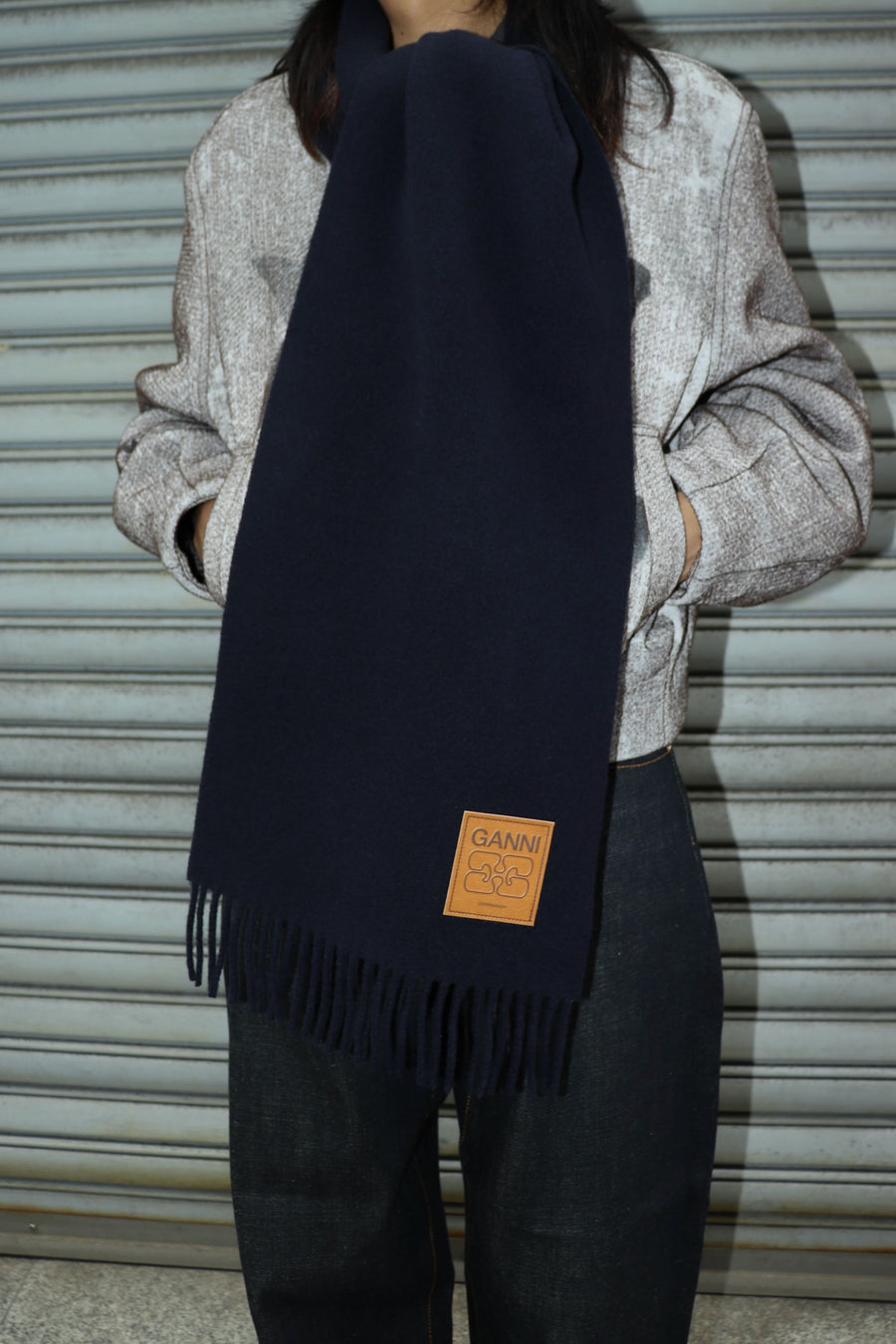 GANNI  Double Face Wool Solid Scarf(Sky Captain)
