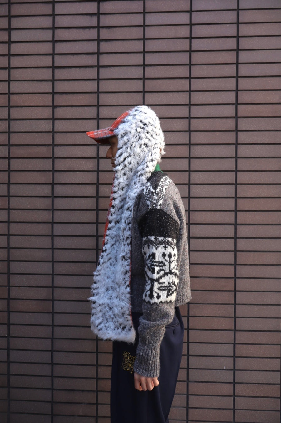 Oscar Ouyang  HARRIS TWEED ALPACA FUR KNIT SCARF HAT(RED)