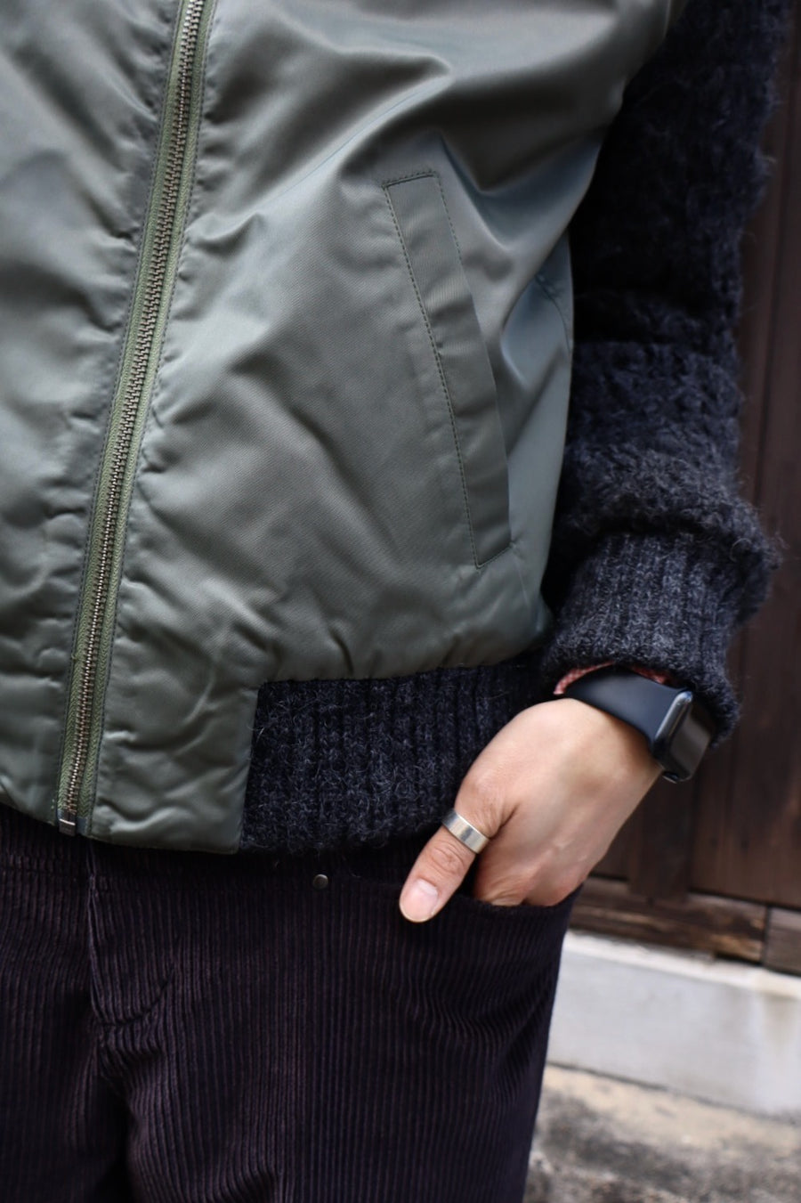 Oscar Ouyang  BOMBER JACKET WITH FAUX FUR SLEEVES AND COLLAR