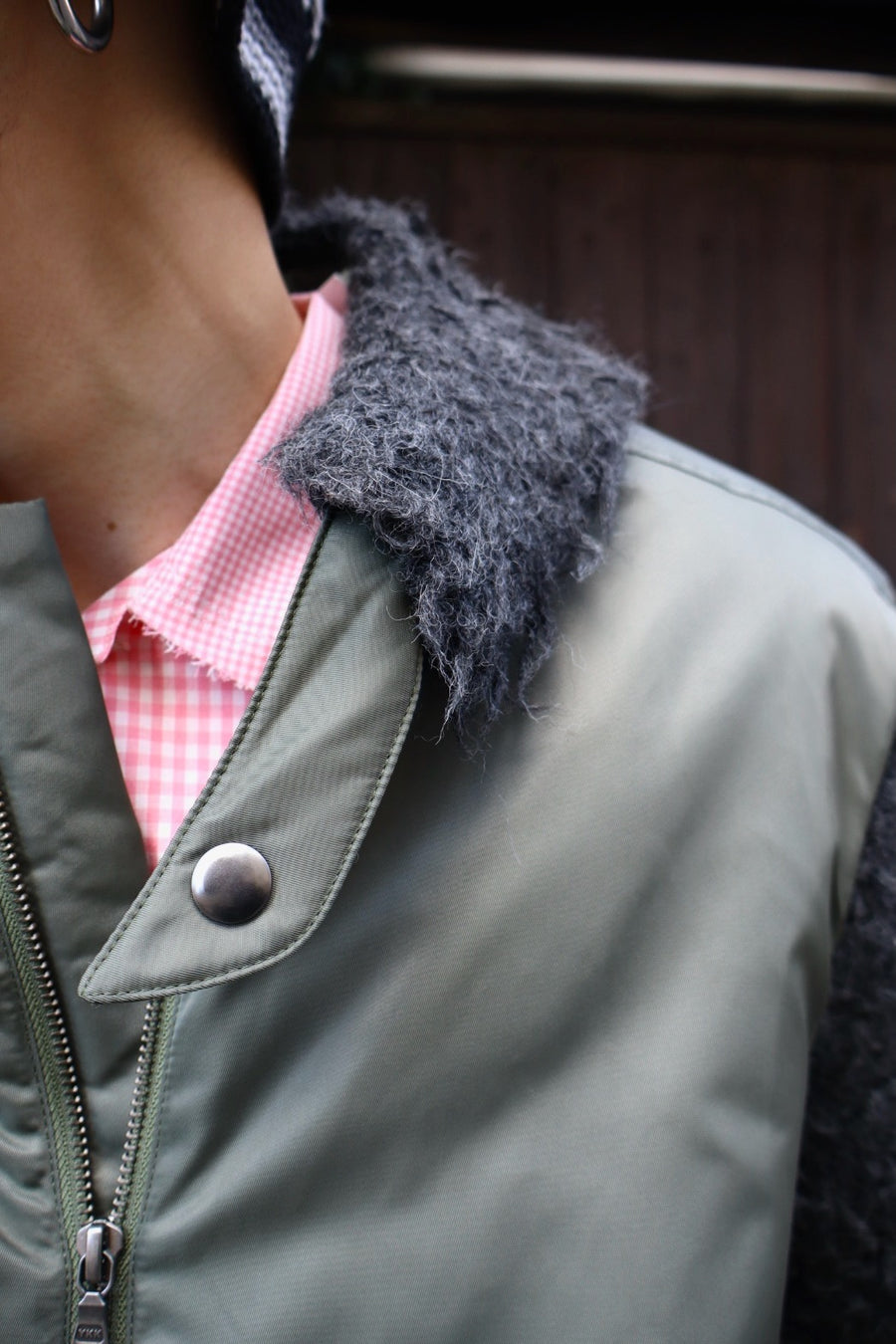 Oscar Ouyang  BOMBER JACKET WITH FAUX FUR SLEEVES AND COLLAR