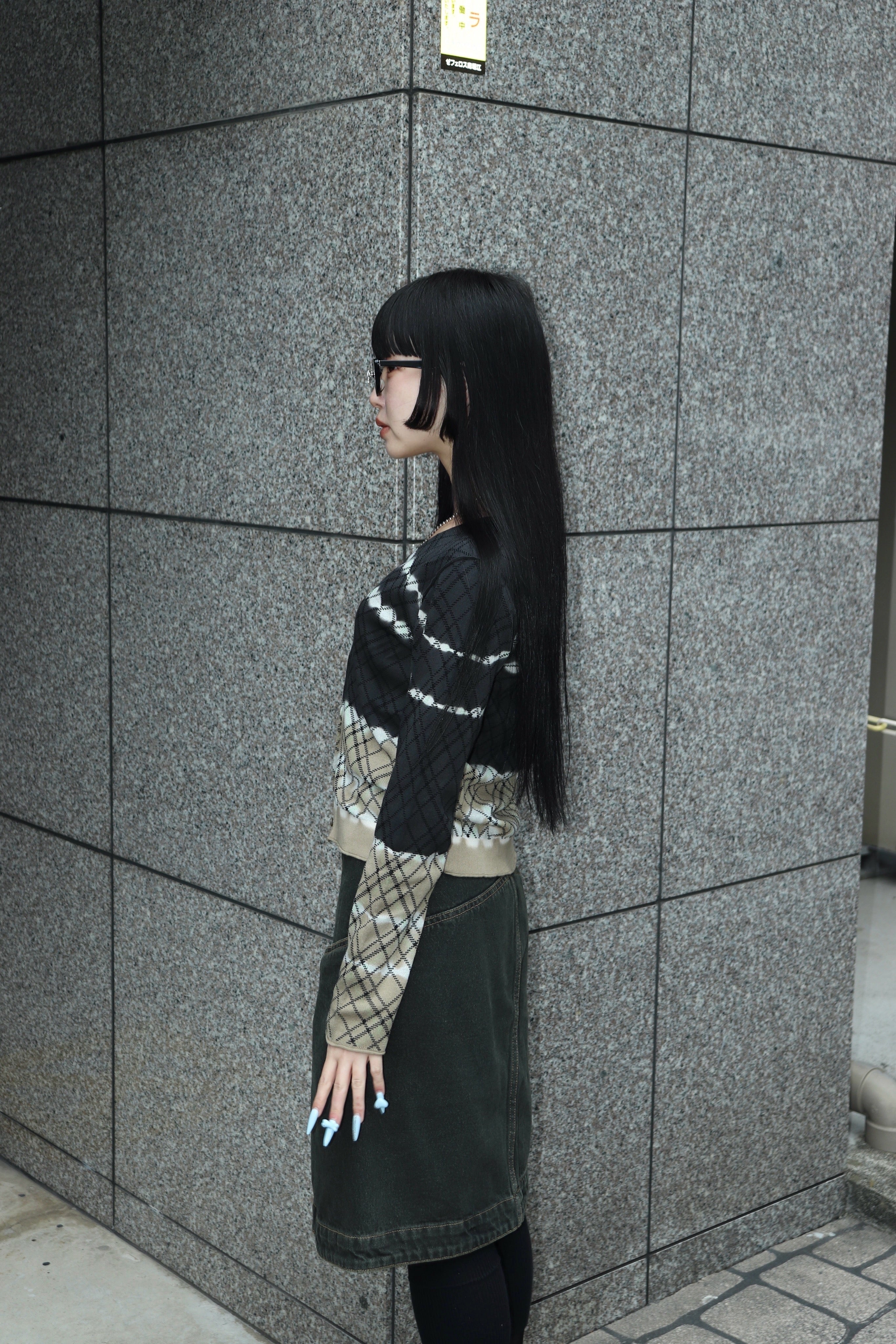 PERVERZE(パーバーズ)のDip-dye Check Knit Cardigan Blackの通販