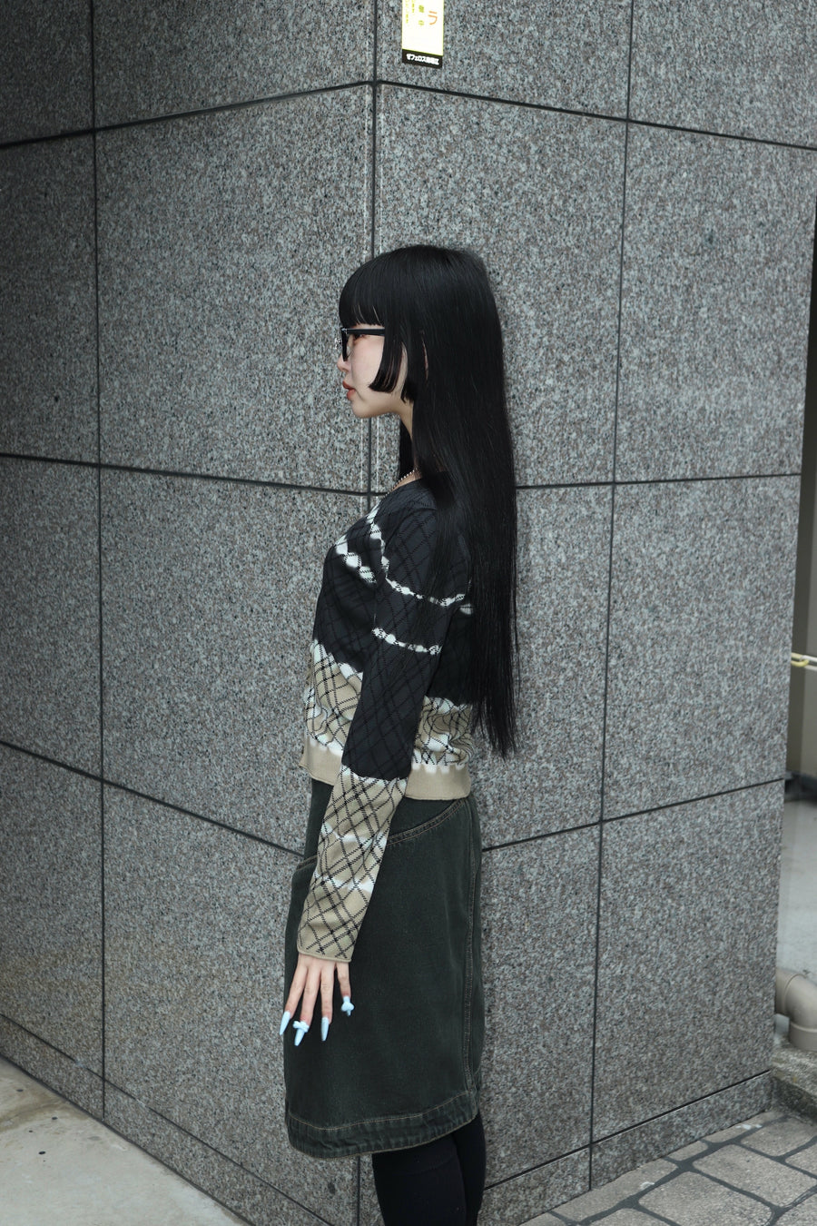 PERVERZE(パーバーズ)のDip-dye Check Knit Cardigan Blackの通販