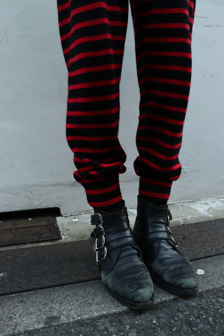LEH  Pure Cashmere Border Under Pants(Black × Red)