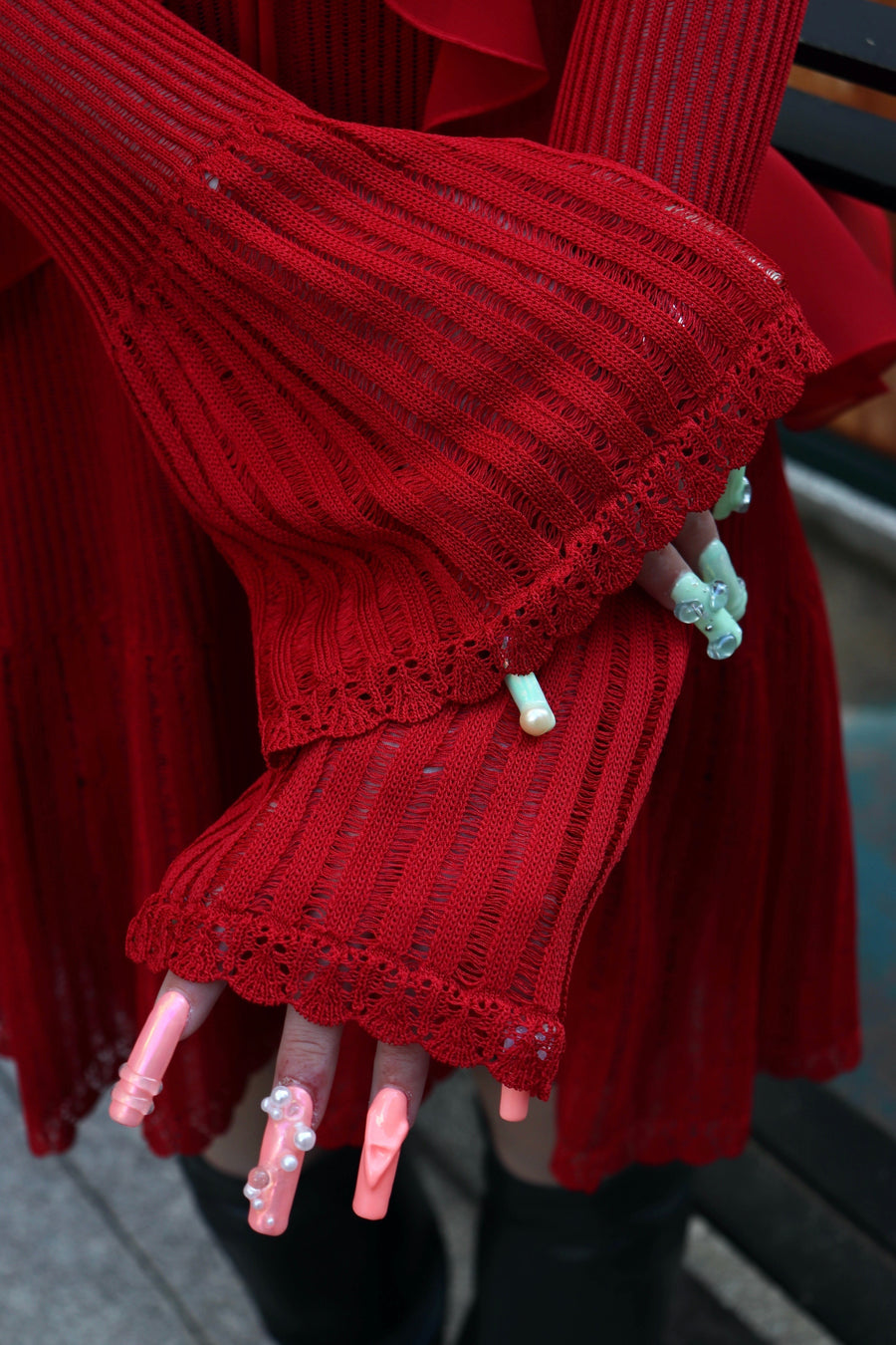 FETICO(フェティコ)のLACE KNIT LONGLINE CARDIGAN REDの通販｜PALETTE
