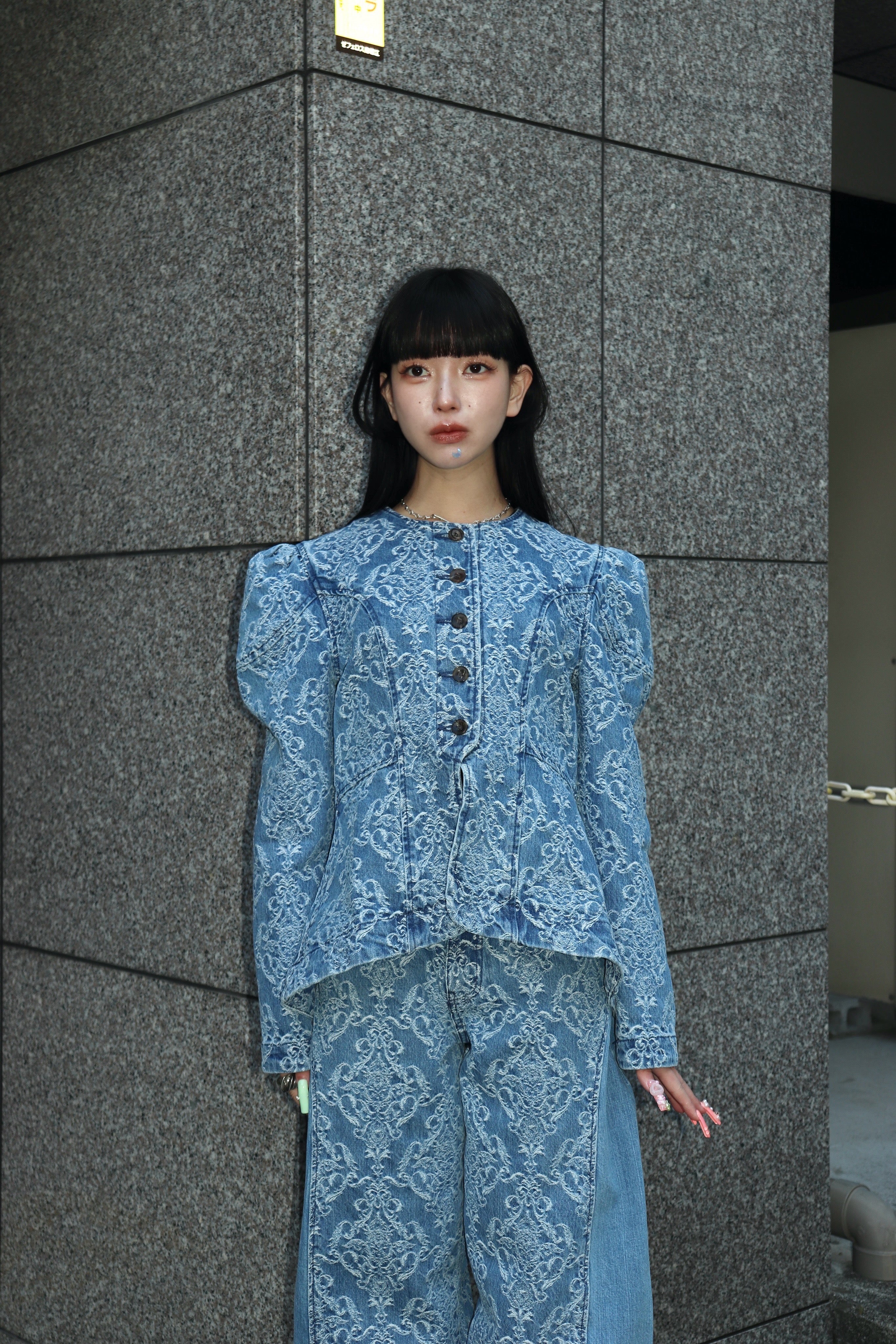 m*a様 DAMASK-JACQUARD DENIM PEPLUM JACKET FETICO(フェティコ)のDAMASK-JACQUARD DENIM PEPLUM JACKETの通販