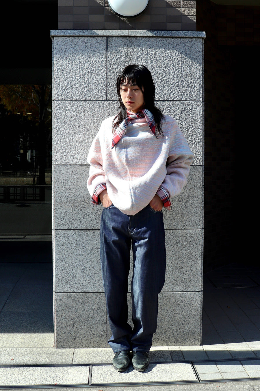 HOMMENA  Scarf Collar Western Shirt(CHECK RED)