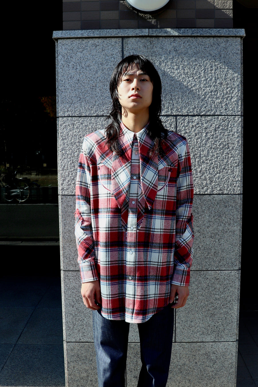 HOMMENA  Scarf Collar Western Shirt(CHECK RED)