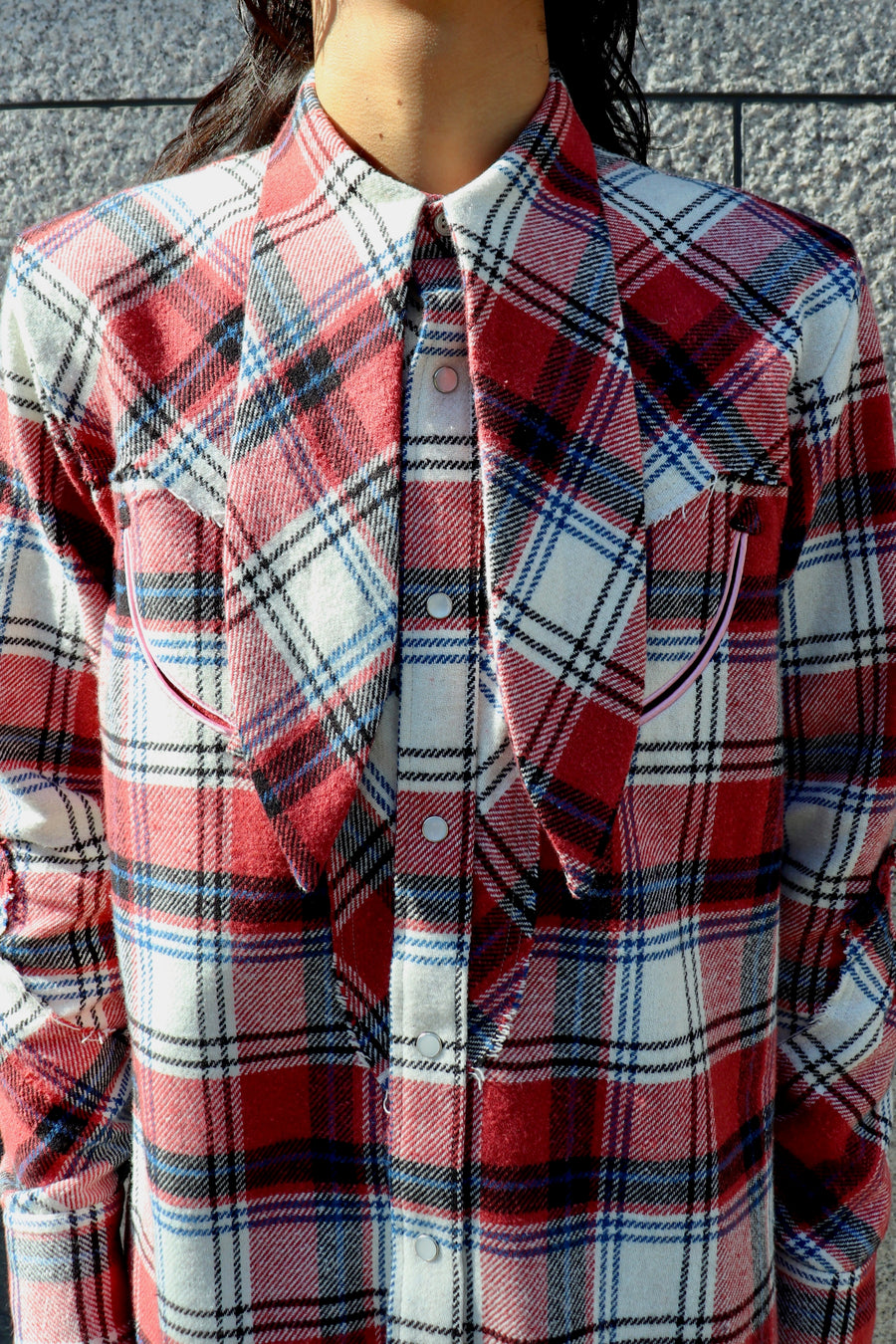 HOMMENA  Scarf Collar Western Shirt(CHECK RED)