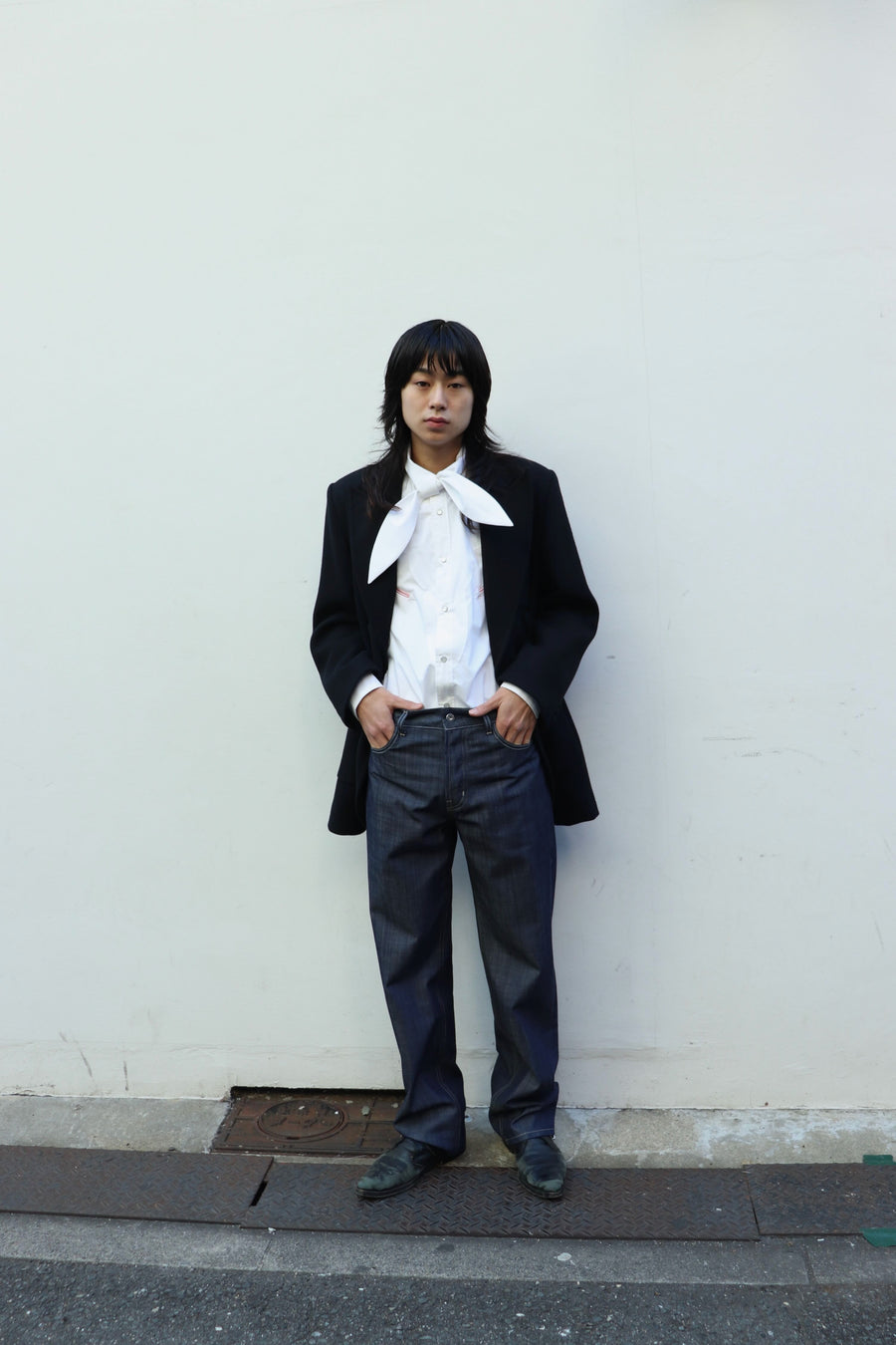 HOMMENA  Scarf Collar Western Shirt(OFF WHITE)