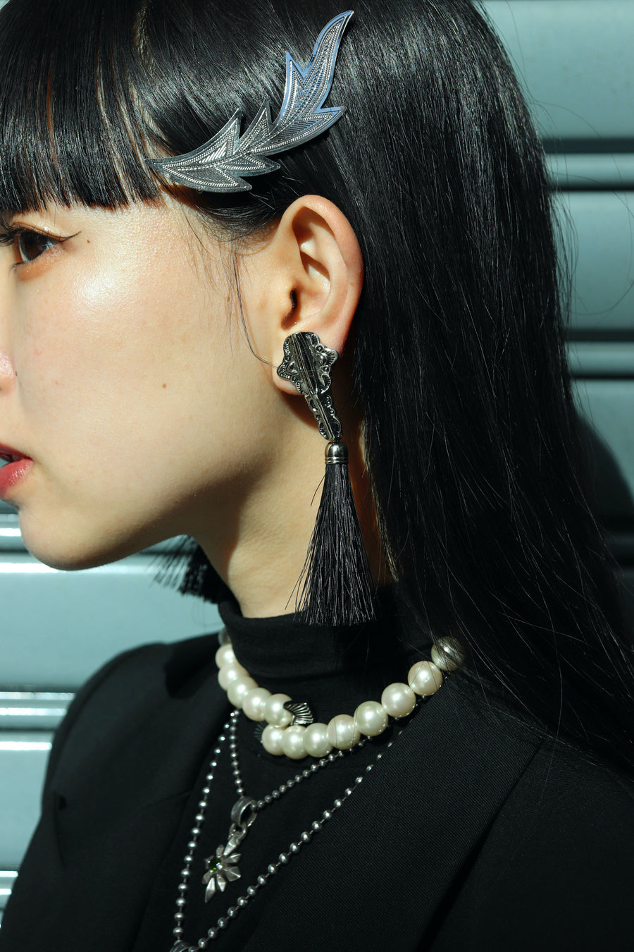 TOGA VIRILIS  Metal fringe earrings-2(BLACK)
