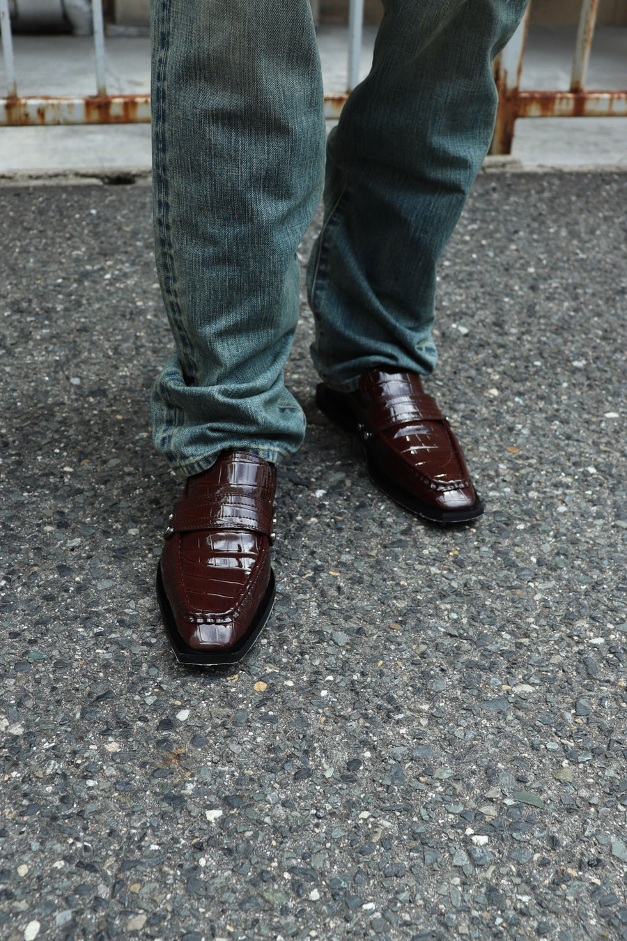 GANNI  Studs Square Toe Loafer Shiny Croco