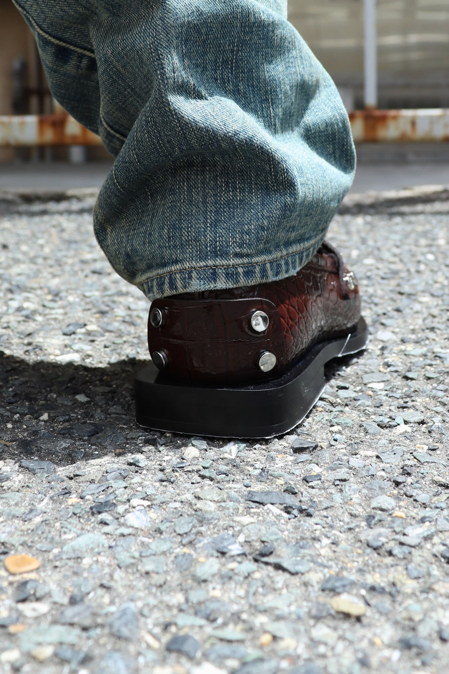 GANNI  Studs Square Toe Loafer Shiny Croco