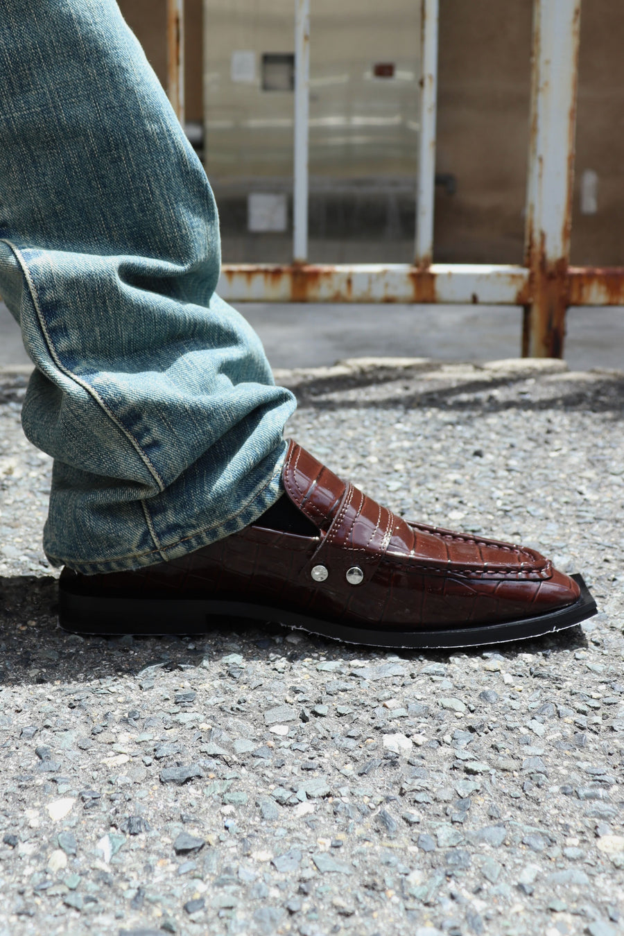 GANNI  Studs Square Toe Loafer Shiny Croco