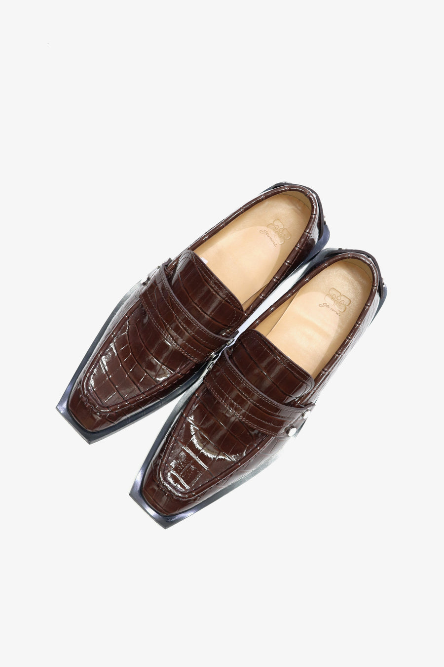 GANNI  Studs Square Toe Loafer Shiny Croco