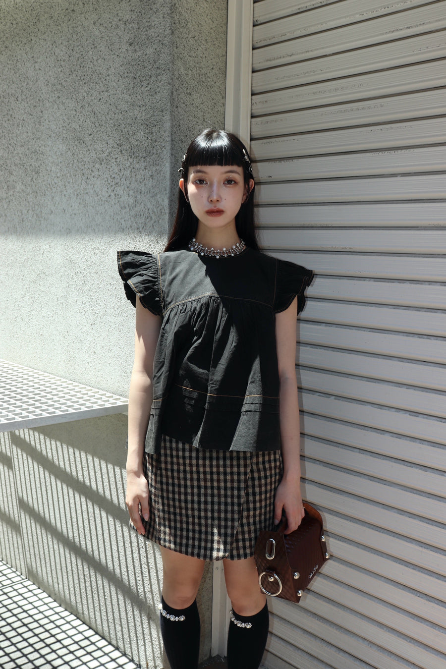 GANNI  Garment Dyed Cotton Frill Sleeve Top