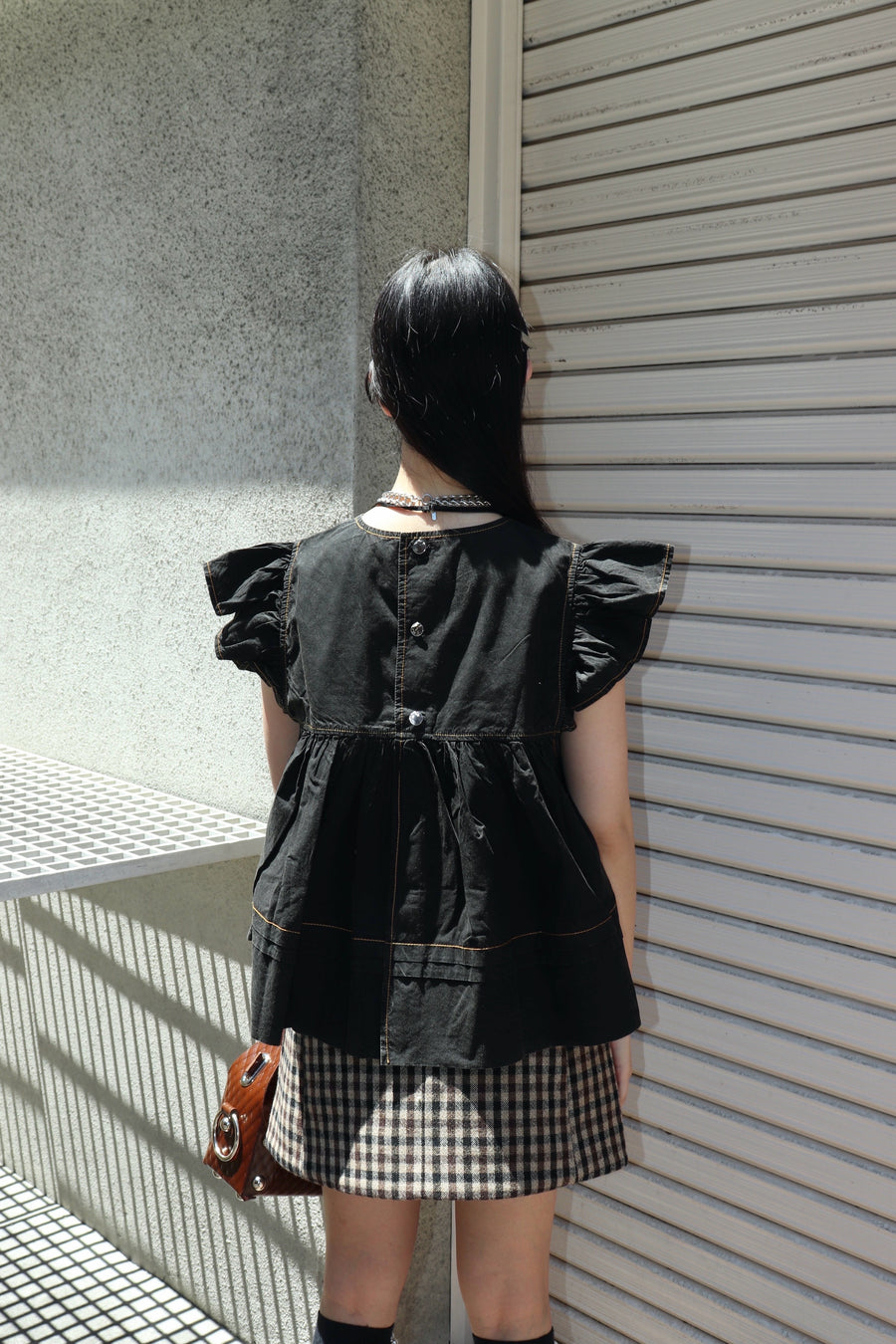 GANNI  Garment Dyed Cotton Frill Sleeve Top