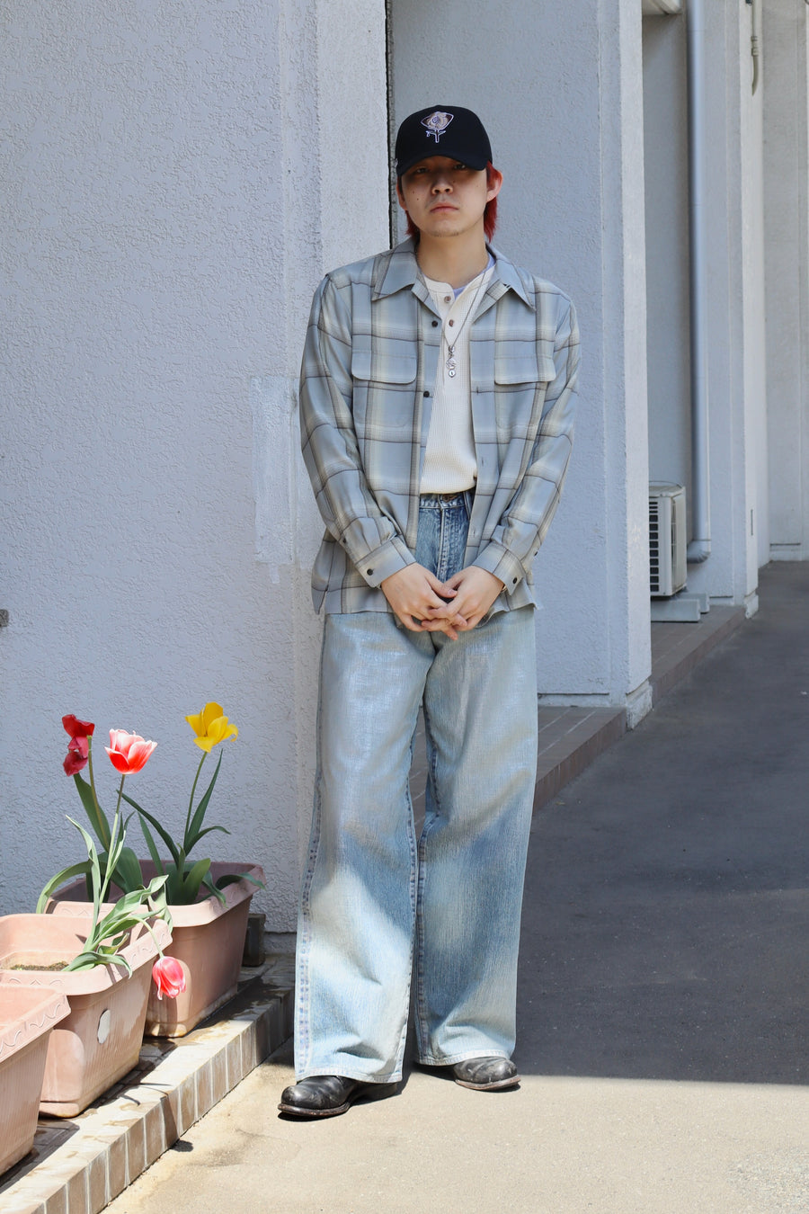 SUGARHILL  OMBRE PLAID OPEN COLLAR SHIRTS(SMOKE BLUE)