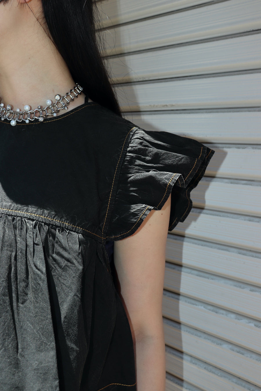 GANNI  Garment Dyed Cotton Frill Sleeve Top