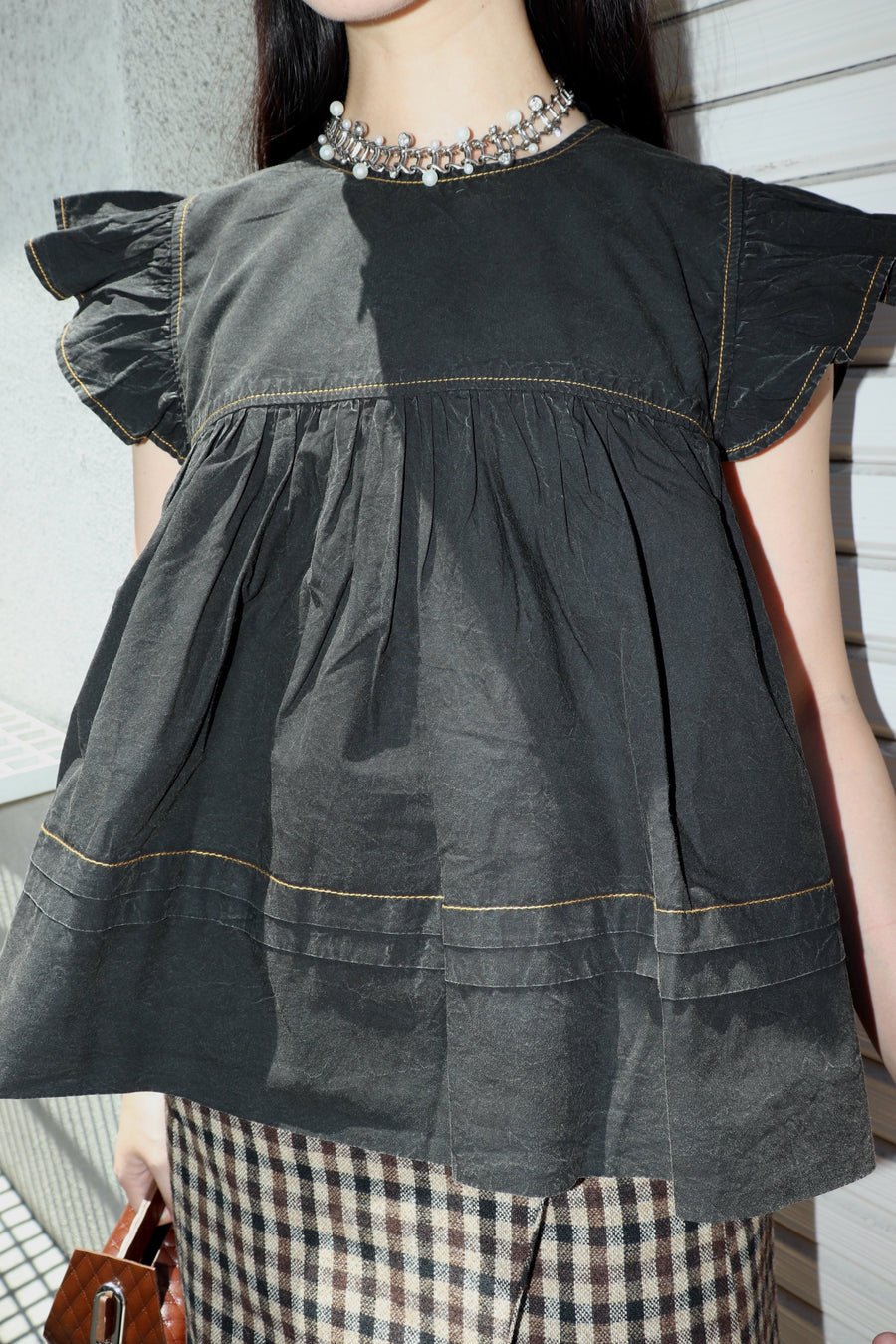 GANNI  Garment Dyed Cotton Frill Sleeve Top