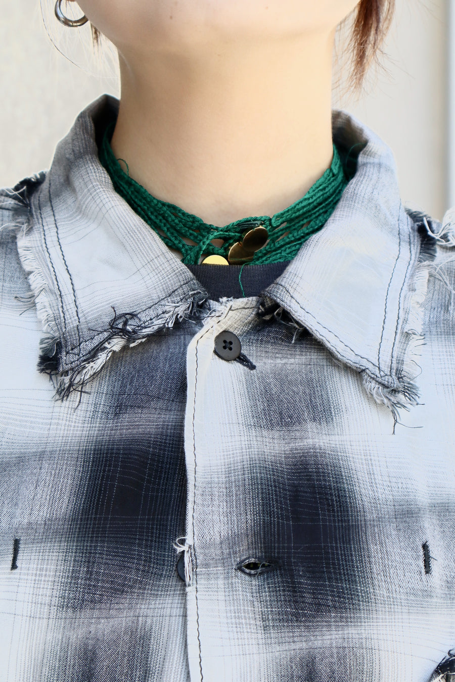 ［ー］MINUS  Slash Seam Ombre Check Shirt DRUNK(BLACK)