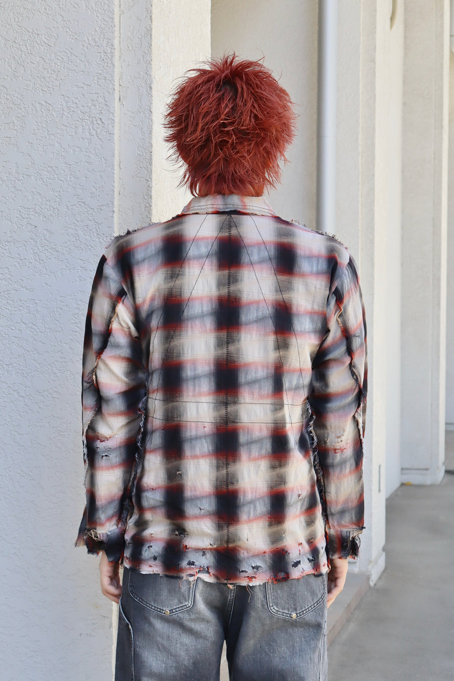 ［ー］MINUS  Slash Seam Ombre Check Shirt DRUNK(RED)