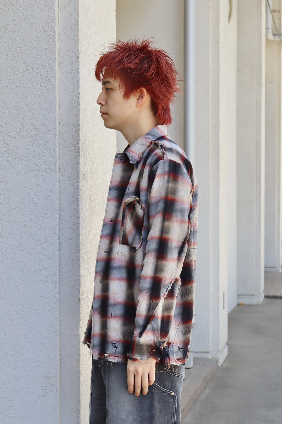 ［ー］MINUS  Slash Seam Ombre Check Shirt DRUNK(RED)